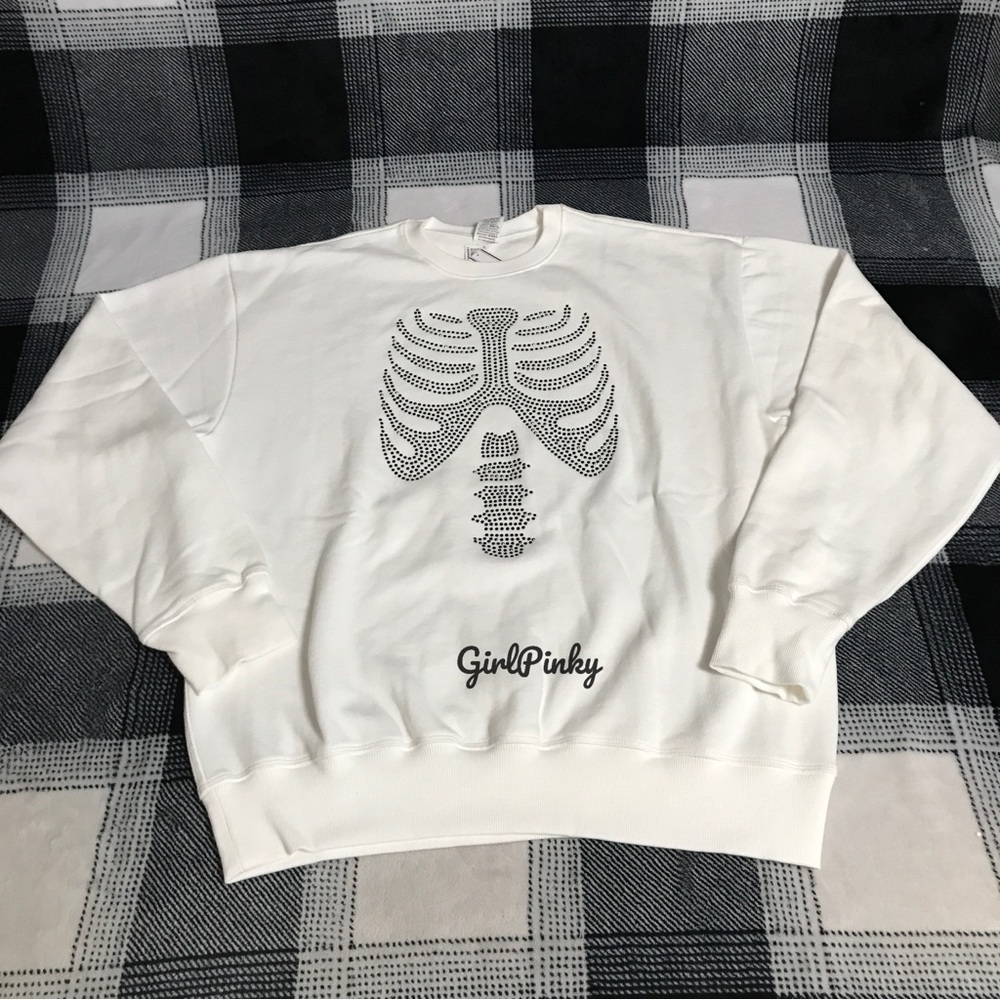 VS PINK BLING HALLOWEEN SWEATSHIRT WHITE & BLACK  SKELETON RHINESTONE XS-S